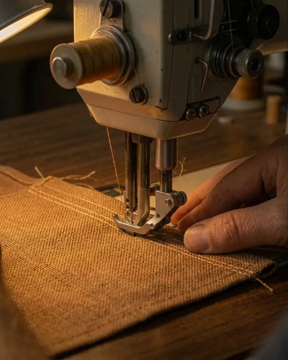 Close-up of a sewing machine running a double seam along brown woven fabric