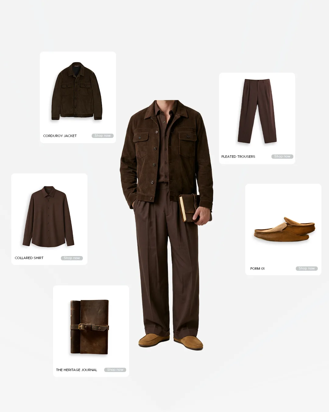 A man in a brown corduroy jacket, brown shirt, pleated trousers and suede loafers, holding a leather journal