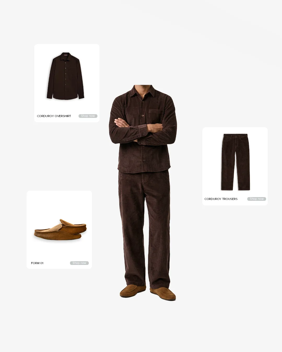 A man in a dark brown corduroy overshirt, matching corduroy trousers and brown suede loafers, with the pieces beside him